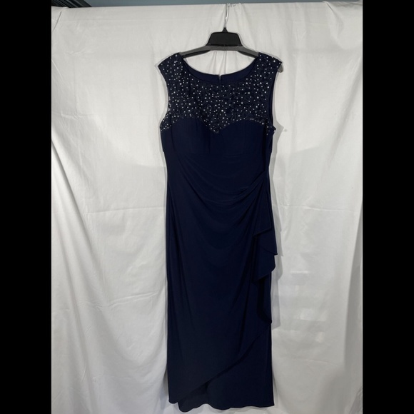 NEW‎ Alex Evenings [ 16 ] Embroidered Side Ruched Gown in Navy Blue - Picture 7 of 12